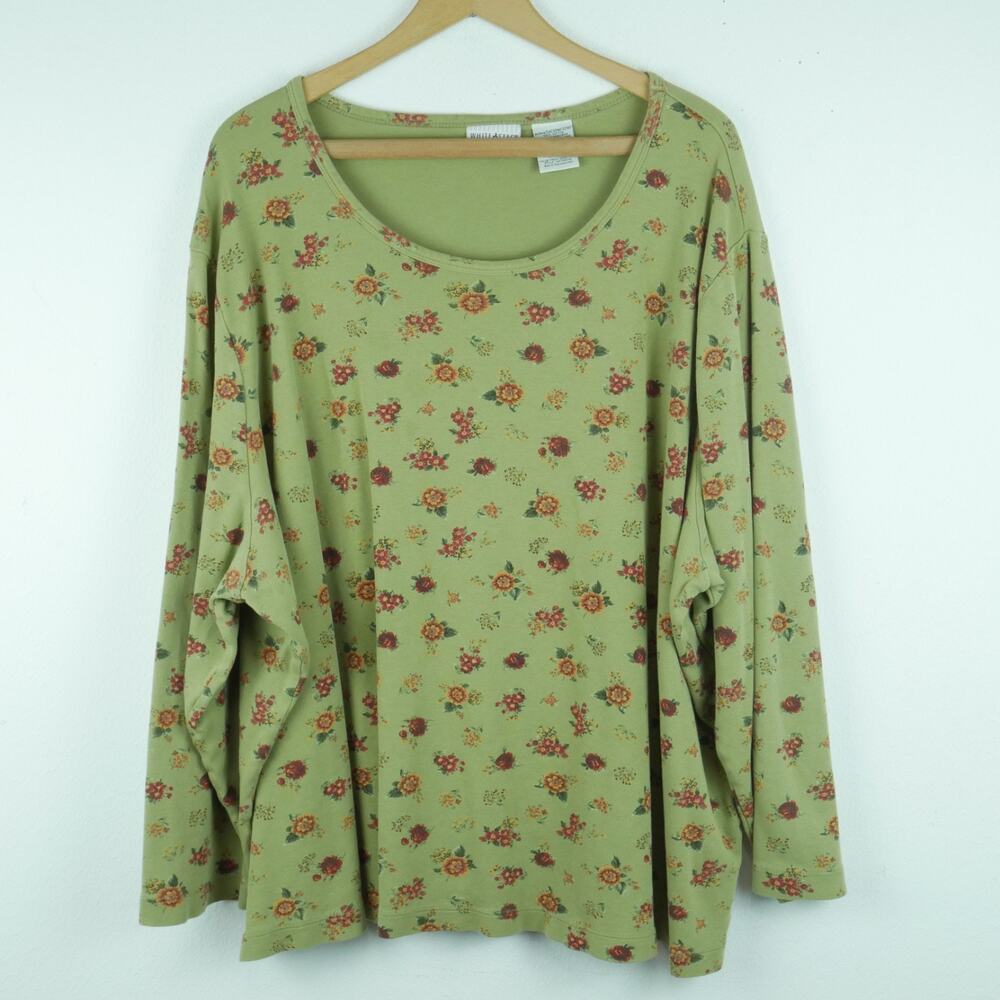 Vintage 5X Top White Stag Sage Green Floral Cottagecore Prairie Dainty Floral